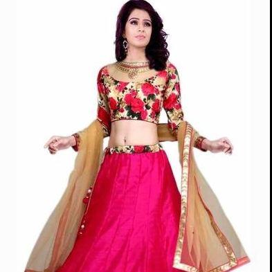 SR Creation Pink Cotton Semi Stitched Lehenga-SR Creation