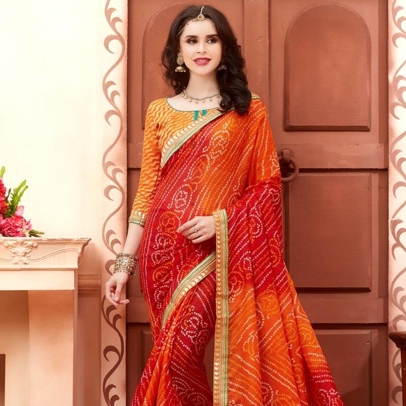 DIGNIFIED BANDHEJ PRINT WORK CONTEMPORARY SAREE-Fashion Webz Pvt Ltd
